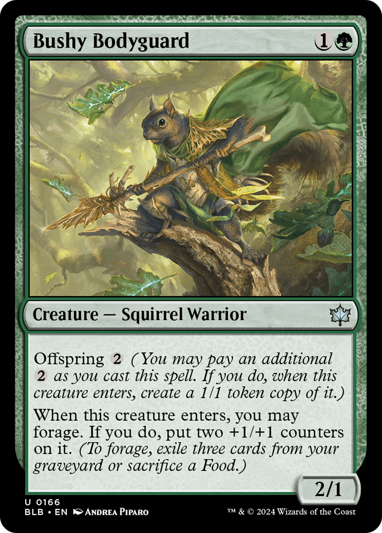 Bushy Bodyguard - Uncommon Creature — Squirrel Warrior card from Bloomburrow
