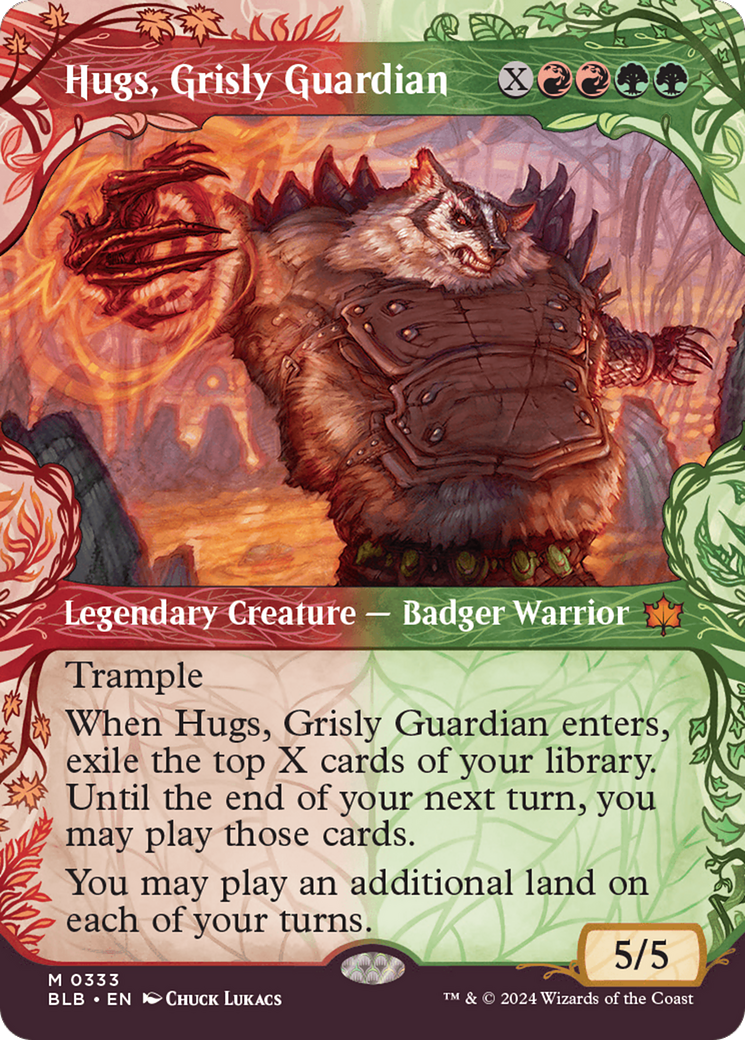 Hugs, Grisly Guardian - Mythic Legendary Creature — Badger Warrior card from Bloomburrow