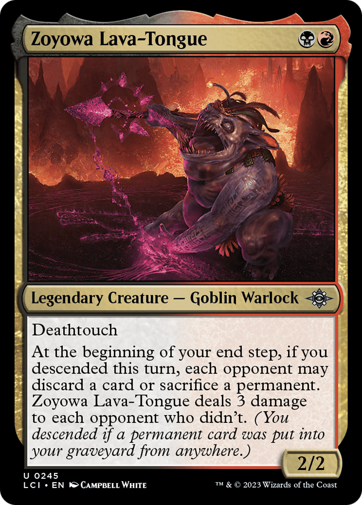 Zoyowa Lava-Tongue - Uncommon Legendary Creature — Goblin Warlock card from The Lost Caverns of Ixalan