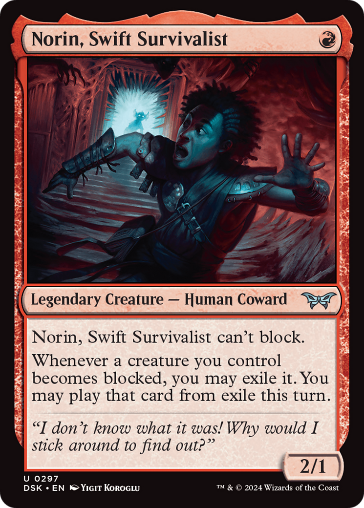 Norin, Swift Survivalist - Uncommon Legendary Creature — Human Coward card from Duskmourn: House of Horror