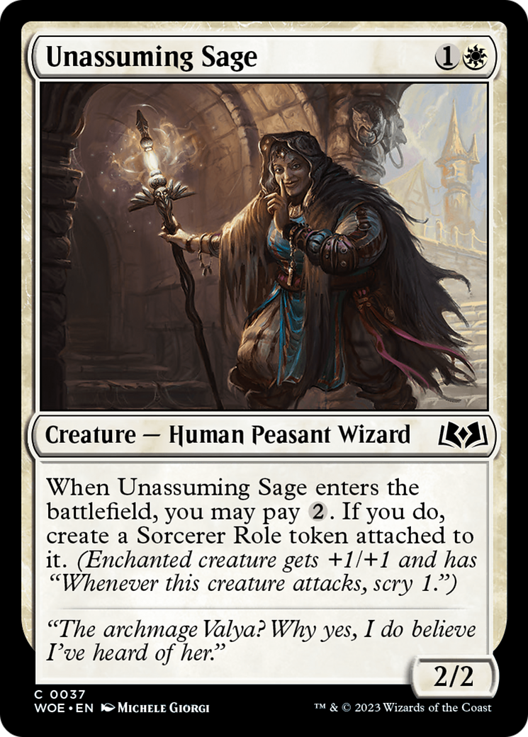 Unassuming Sage - Common Creature — Human Peasant Wizard card from Wilds of Eldraine