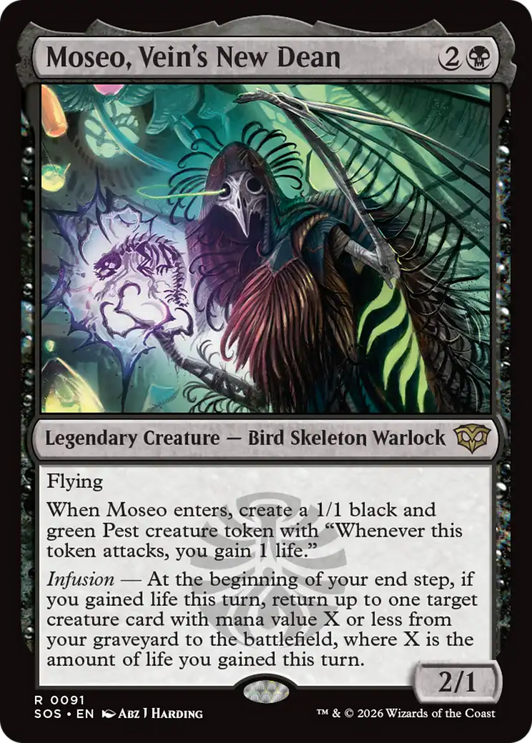 Moseo, Vein's New Dean - Rare Legendary Creature — Bird Skeleton Warlock card from Secrets of Strixhaven