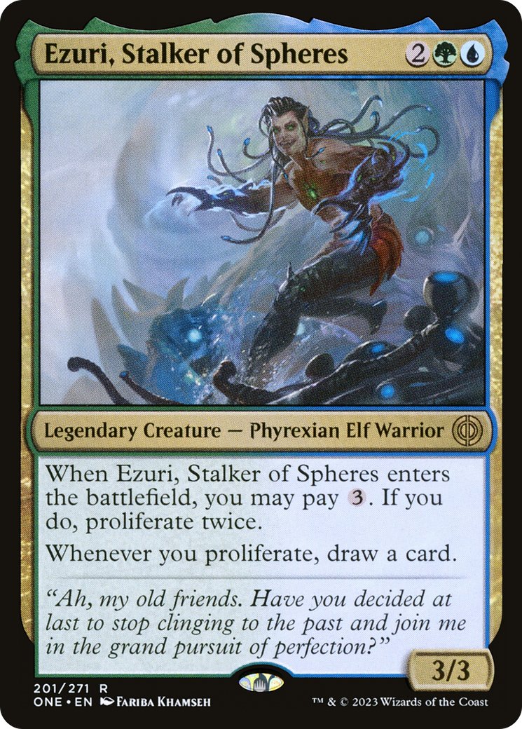 Ezuri, Stalker of Spheres - Rare Legendary Creature — Phyrexian Elf Warrior card from Phyrexia: All Will Be One