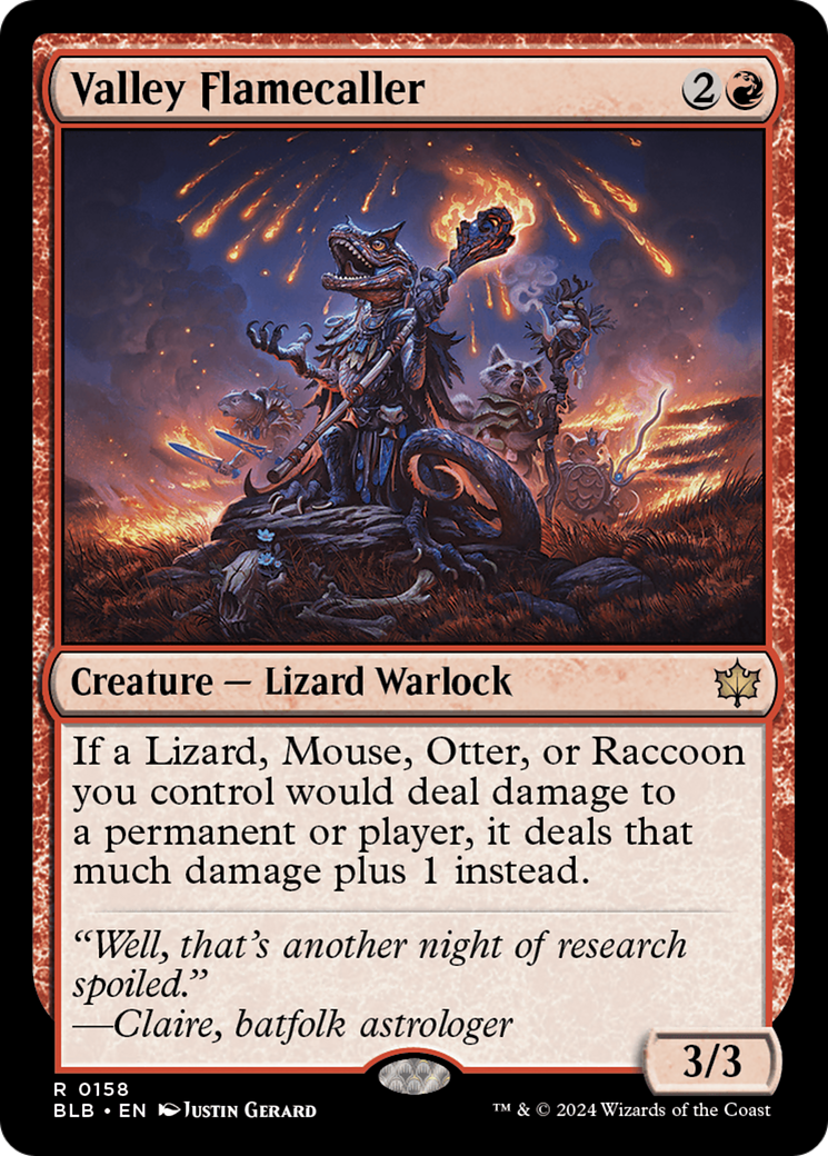 Valley Flamecaller - Rare Creature — Lizard Warlock card from Bloomburrow
