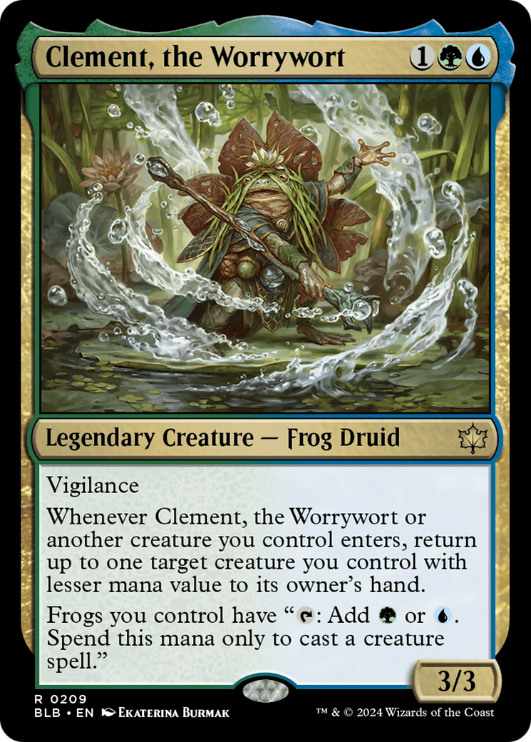Clement, the Worrywort - Rare Legendary Creature — Frog Druid card from Bloomburrow