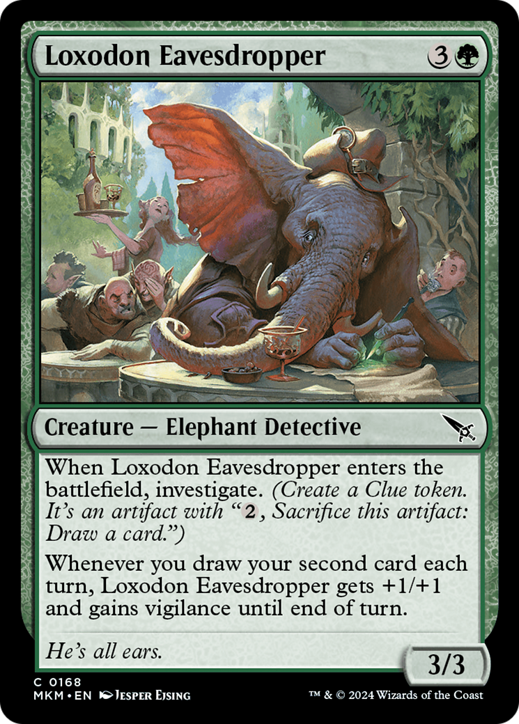 Loxodon Eavesdropper - Common Creature — Elephant Detective card from Murders at Karlov Manor