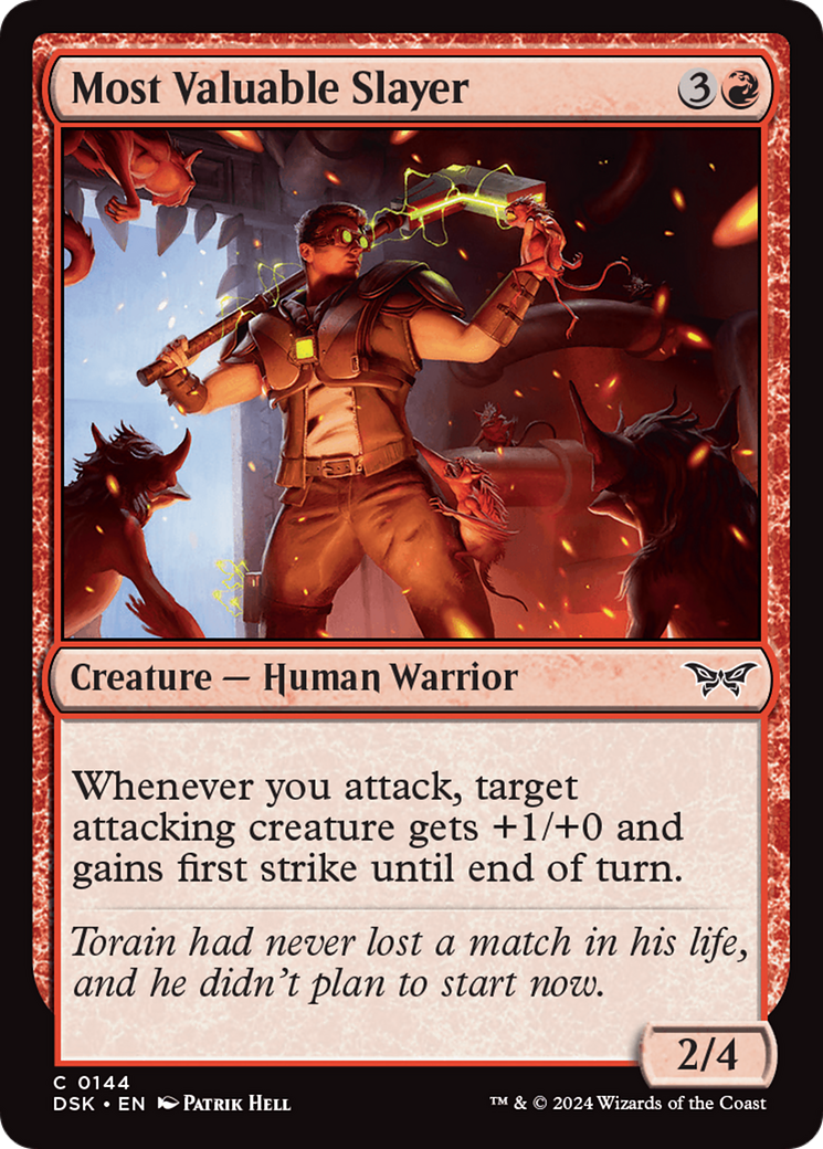 Most Valuable Slayer - Common Creature — Human Warrior card from Duskmourn: House of Horror