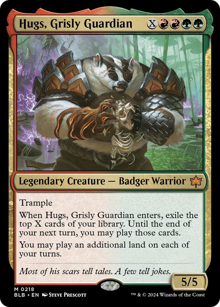 Hugs, Grisly Guardian - Mythic Legendary Creature — Badger Warrior card from Bloomburrow