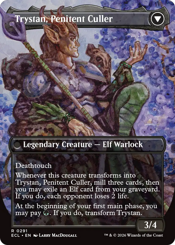 Back face of Trystan, Callous Cultivator // Trystan, Penitent Culler - Legendary Creature — Elf Warlock card