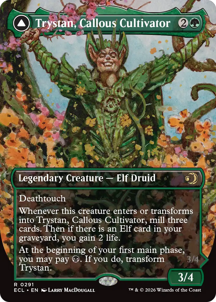 Trystan, Callous Cultivator // Trystan, Penitent Culler - Rare Legendary Creature — Elf Warlock card from Lorwyn Eclipsed