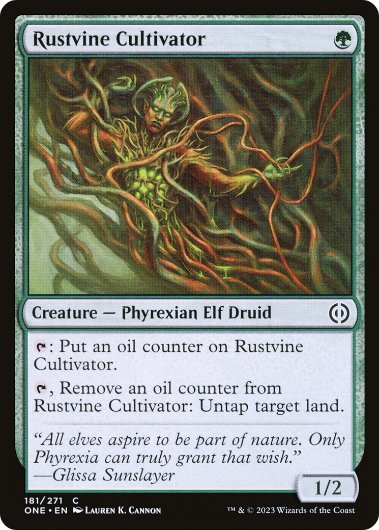 Rustvine Cultivator - Common Creature — Phyrexian Elf Druid card from Phyrexia: All Will Be One