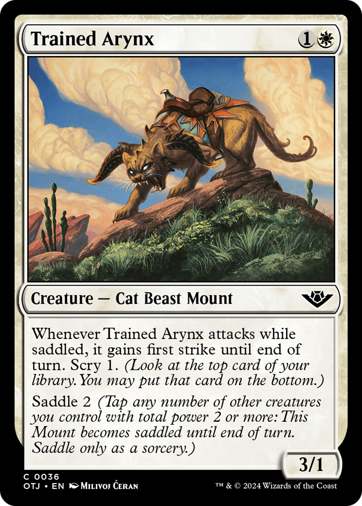 Trained Arynx - Common Creature — Cat Beast Mount card from Outlaws of Thunder Junction