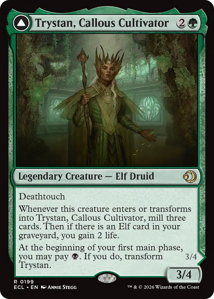 Trystan, Callous Cultivator // Trystan, Penitent Culler - Rare Legendary Creature — Elf Warlock card from Lorwyn Eclipsed