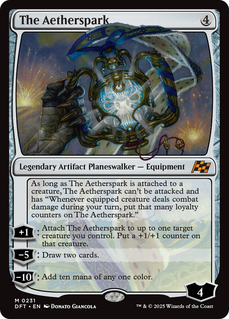 The Aetherspark - Mythic Legendary Artifact Planeswalker — Equipment card from Aetherdrift