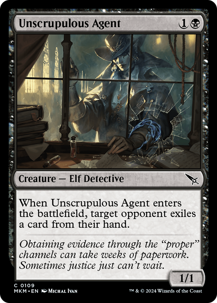 Unscrupulous Agent - Common Creature — Elf Detective card from Murders at Karlov Manor
