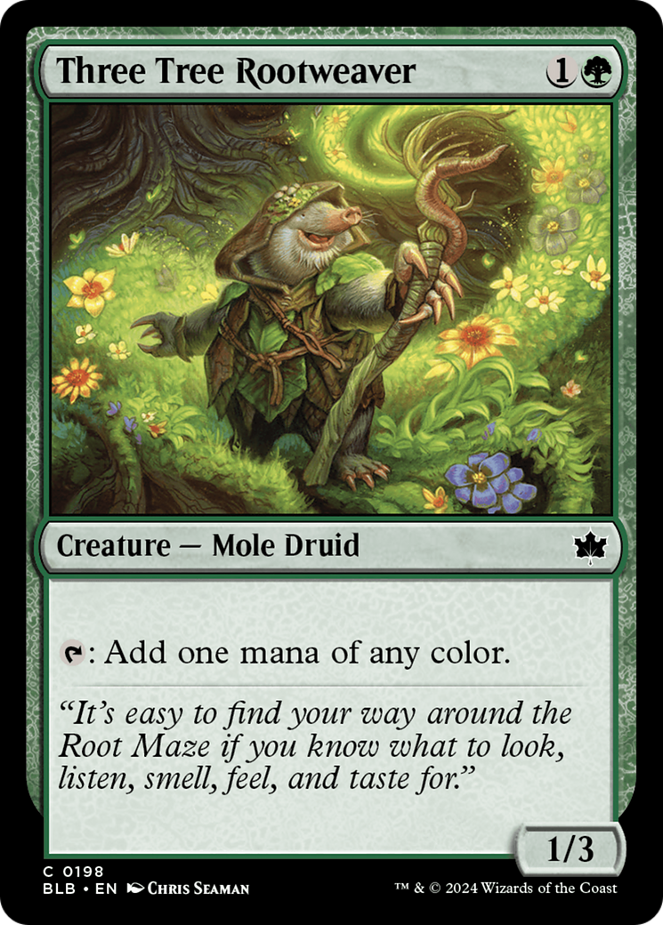 Three Tree Rootweaver - Common Creature — Mole Druid card from Bloomburrow