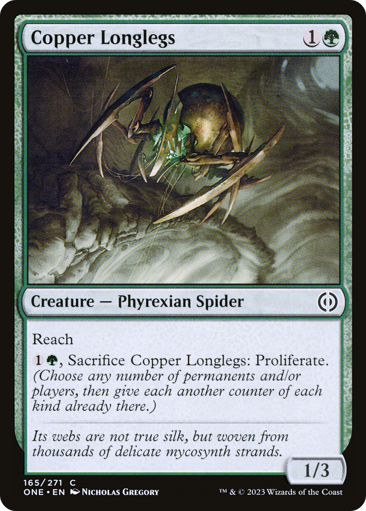 Copper Longlegs - Common Creature — Phyrexian Spider card from Phyrexia: All Will Be One