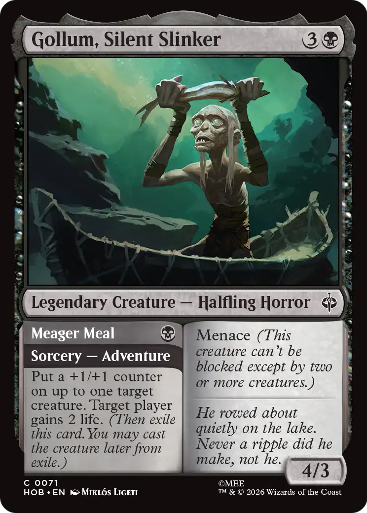 Gollum, Silent Slinker // Meager Meal - Common Sorcery — Adventure card from The Hobbit