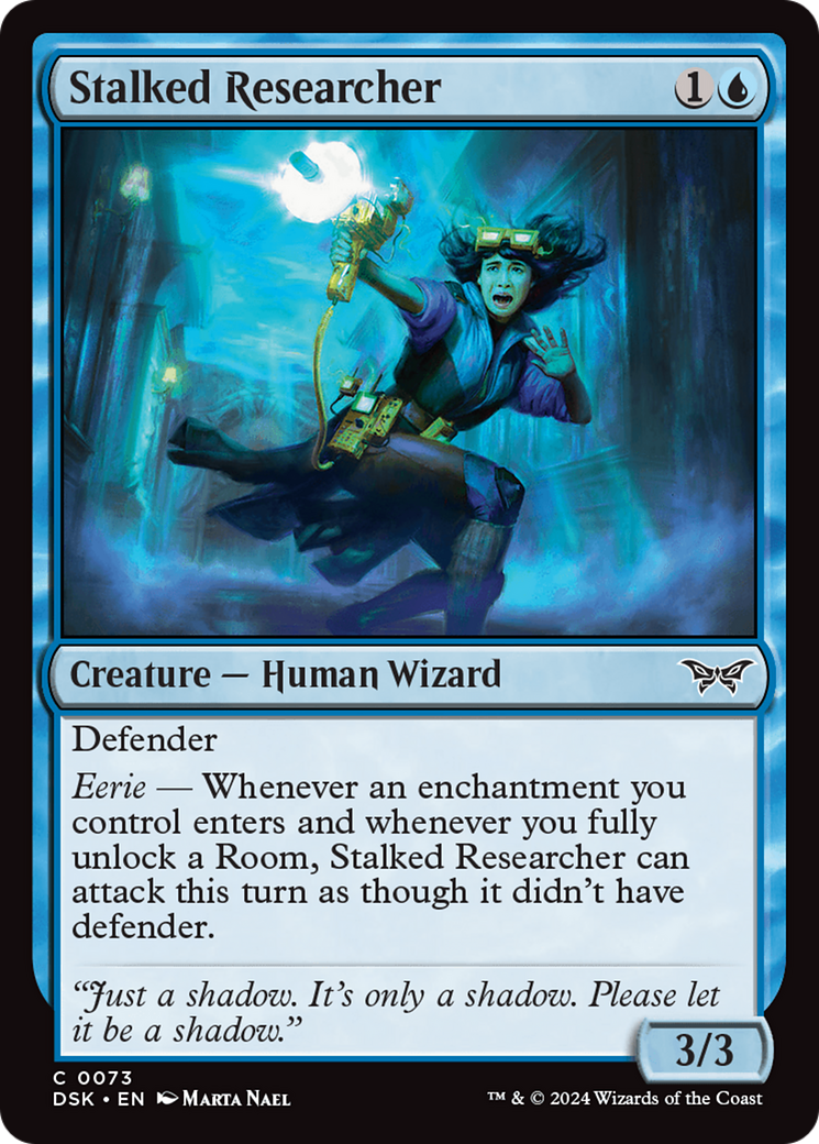 Stalked Researcher - Common Creature — Human Wizard card from Duskmourn: House of Horror