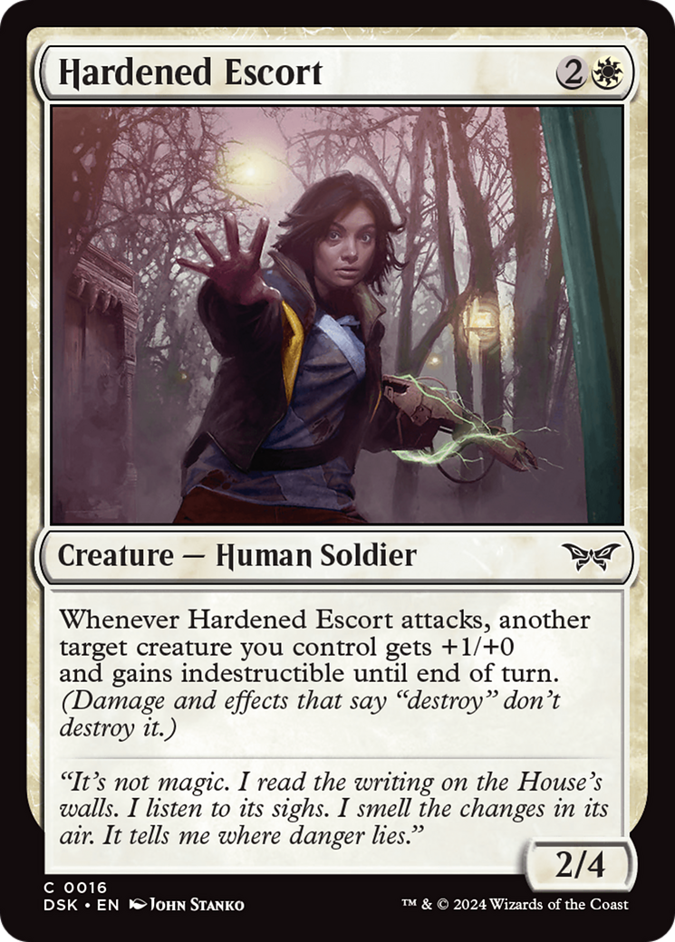 Hardened Escort - Common Creature — Human Soldier card from Duskmourn: House of Horror