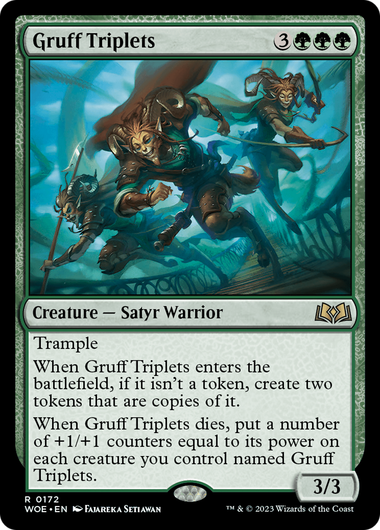 Gruff Triplets - Rare Creature — Satyr Warrior card from Wilds of Eldraine