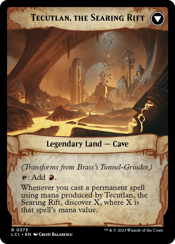 Back face of Brass's Tunnel-Grinder // Tecutlan, the Searing Rift - Legendary Artifact card