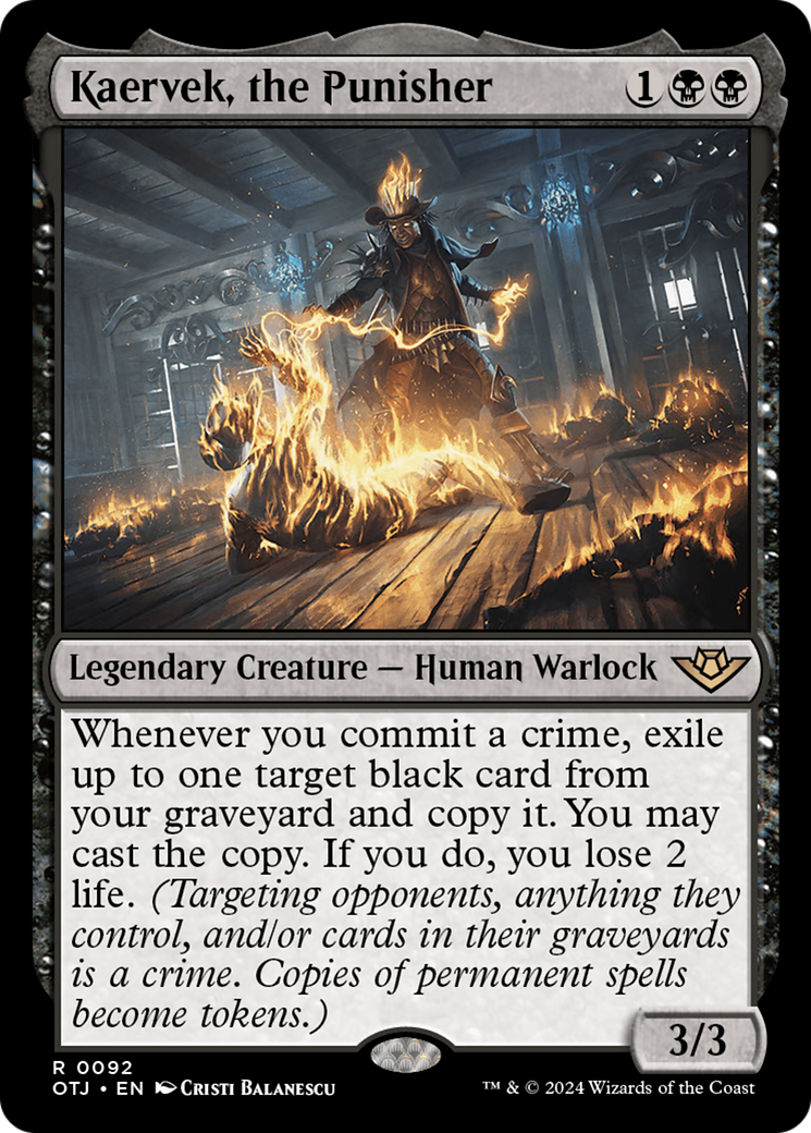 Kaervek, the Punisher - Rare Legendary Creature — Human Warlock card from Outlaws of Thunder Junction