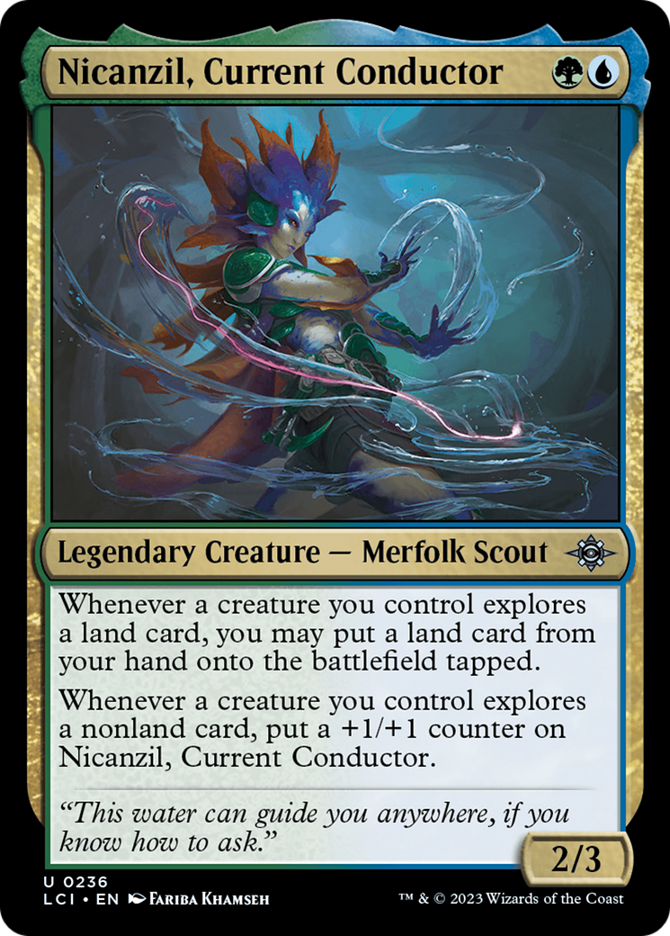 Nicanzil, Current Conductor - Uncommon Legendary Creature — Merfolk Scout card from The Lost Caverns of Ixalan