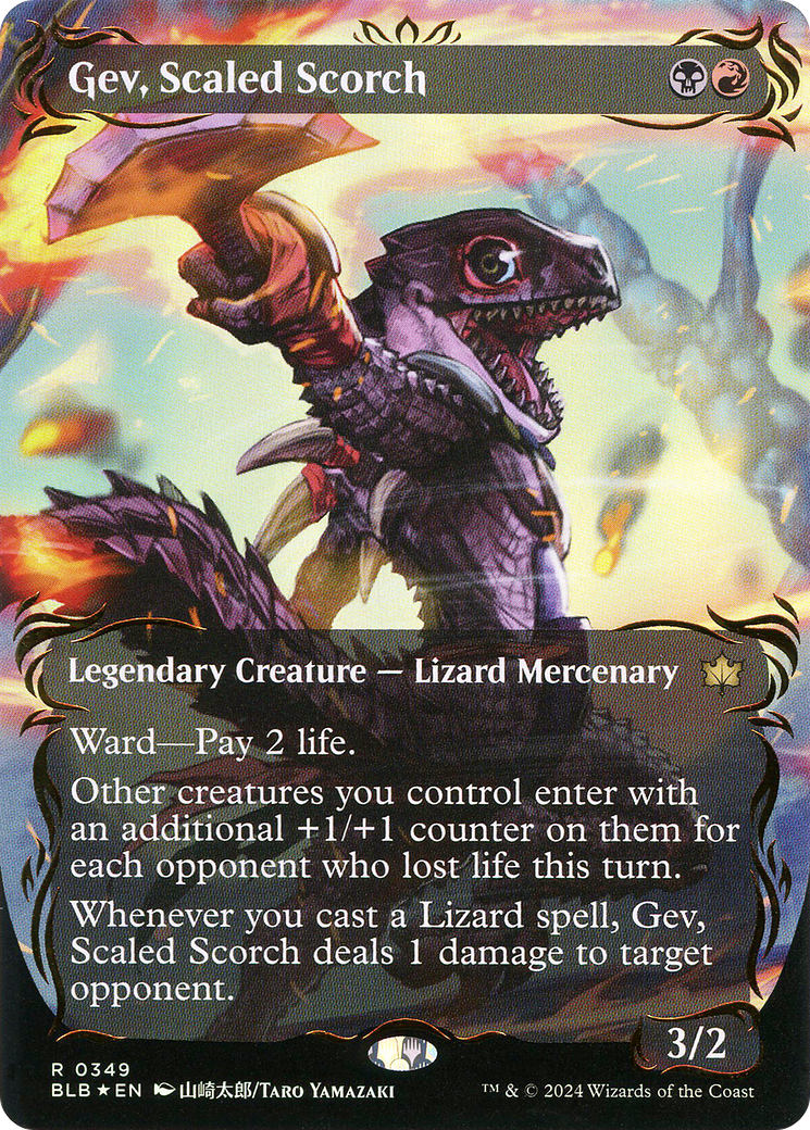 Gev, Scaled Scorch - Rare Legendary Creature — Lizard Mercenary card from Bloomburrow