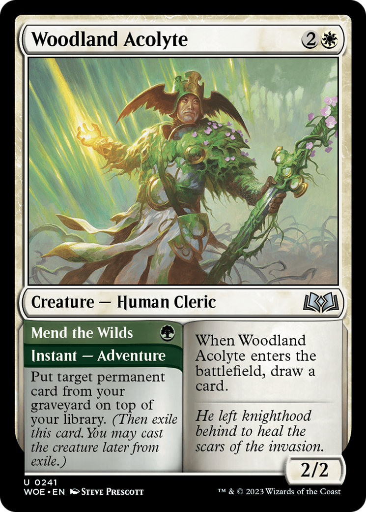 Woodland Acolyte // Mend the Wilds - Uncommon Creature — Human Cleric card from Wilds of Eldraine