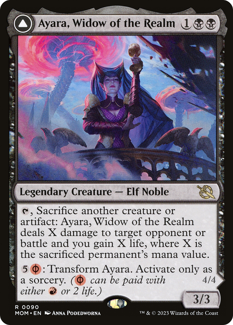Ayara, Widow of the Realm // Ayara, Furnace Queen - Rare Legendary Creature — Phyrexian Elf Noble card from March of the Machine