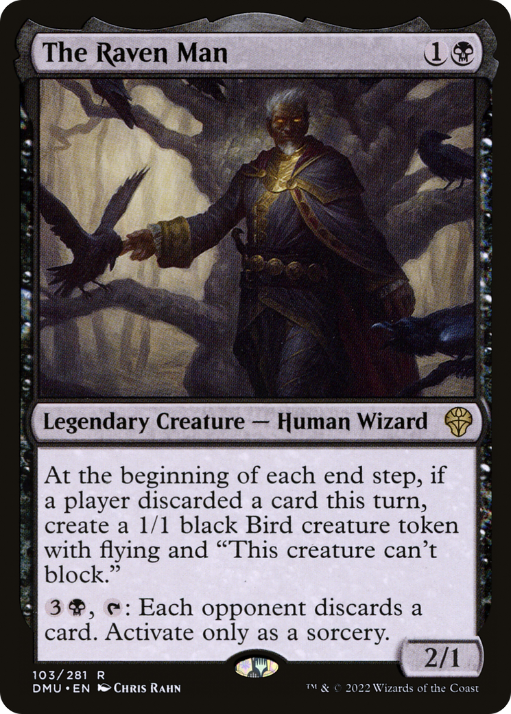 The Raven Man - Rare Legendary Creature — Human Wizard card from Dominaria United