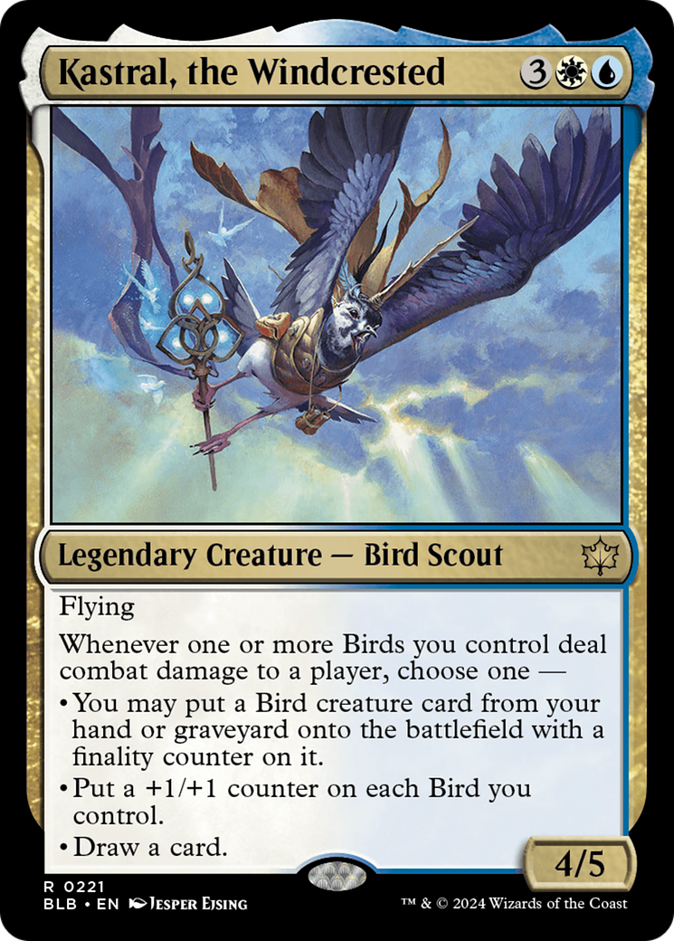 Kastral, the Windcrested - Rare Legendary Creature — Bird Scout card from Bloomburrow