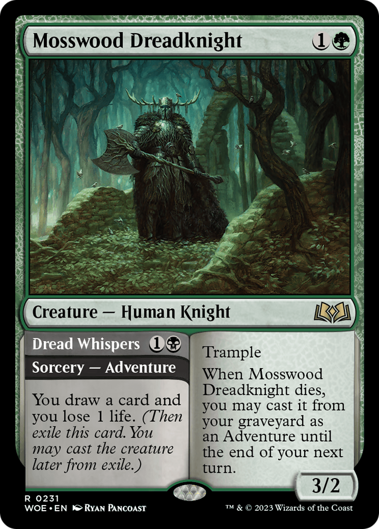 Mosswood Dreadknight // Dread Whispers - Rare Creature — Human Knight card from Wilds of Eldraine