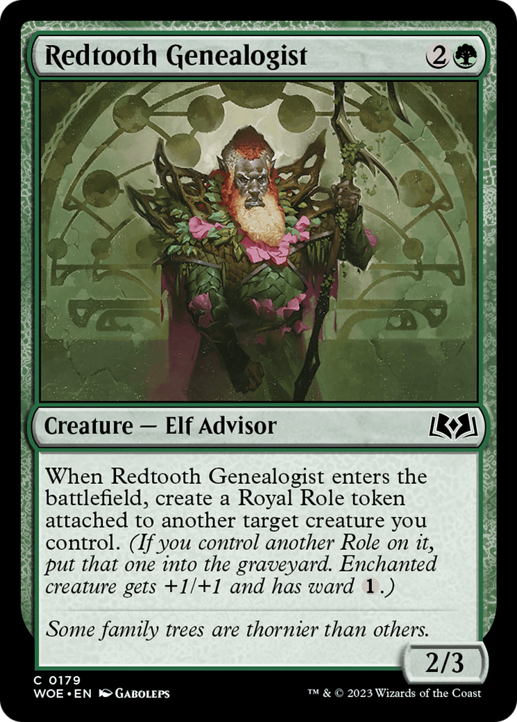Redtooth Genealogist - Common Creature — Elf Advisor card from Wilds of Eldraine
