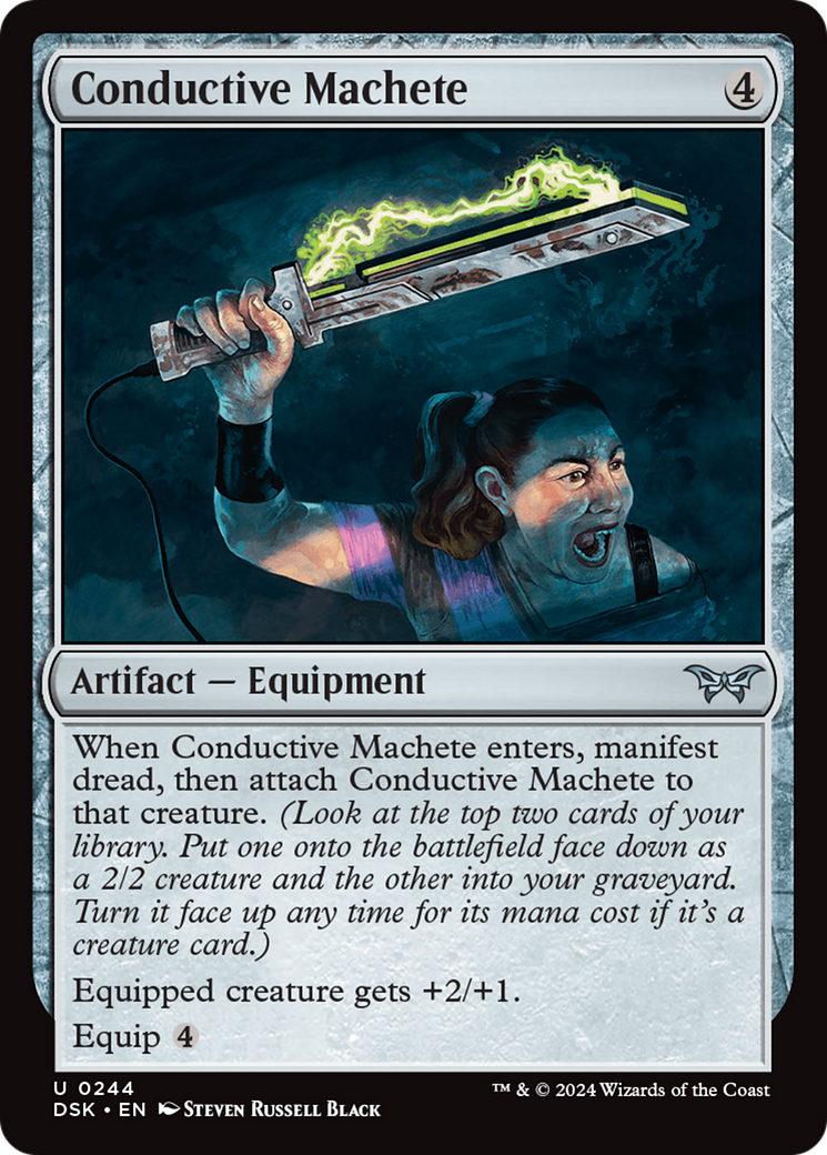 Conductive Machete - Uncommon Artifact — Equipment card from Duskmourn: House of Horror