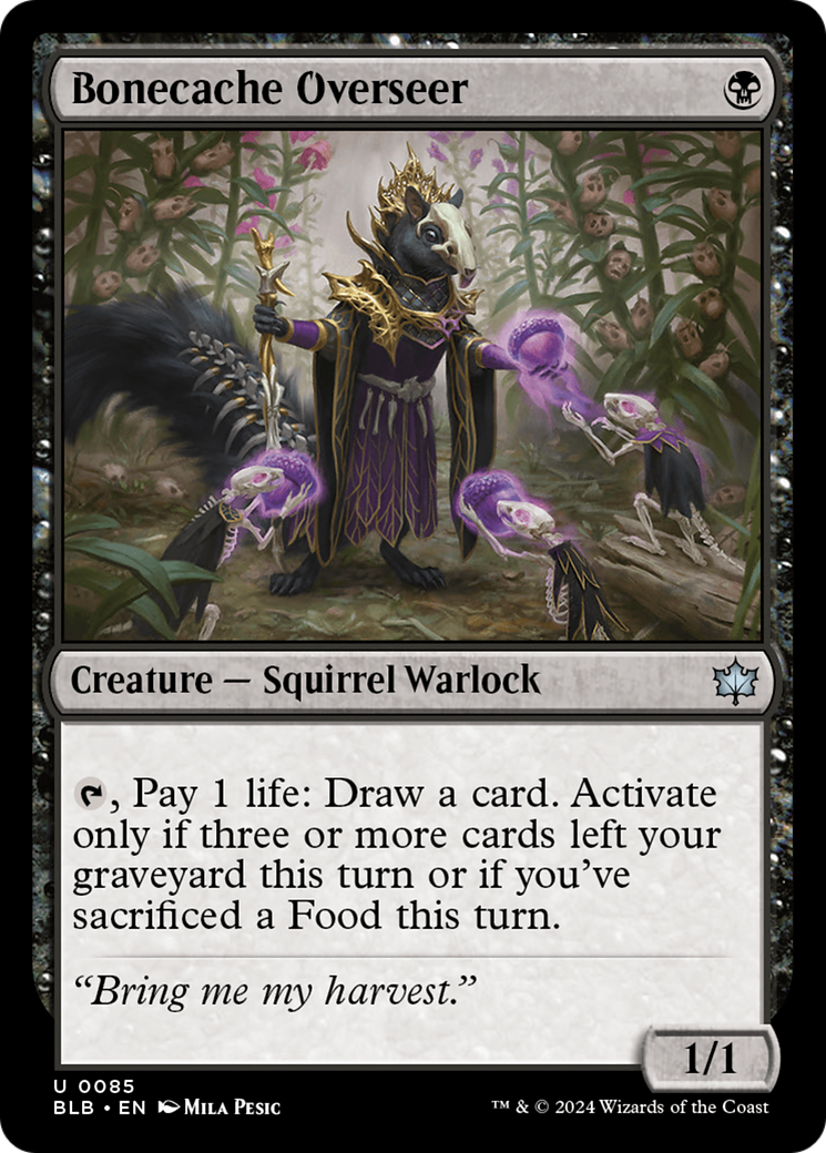 Bonecache Overseer - Uncommon Creature — Squirrel Warlock card from Bloomburrow