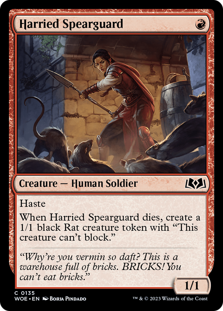 Harried Spearguard - Common Creature — Human Soldier card from Wilds of Eldraine