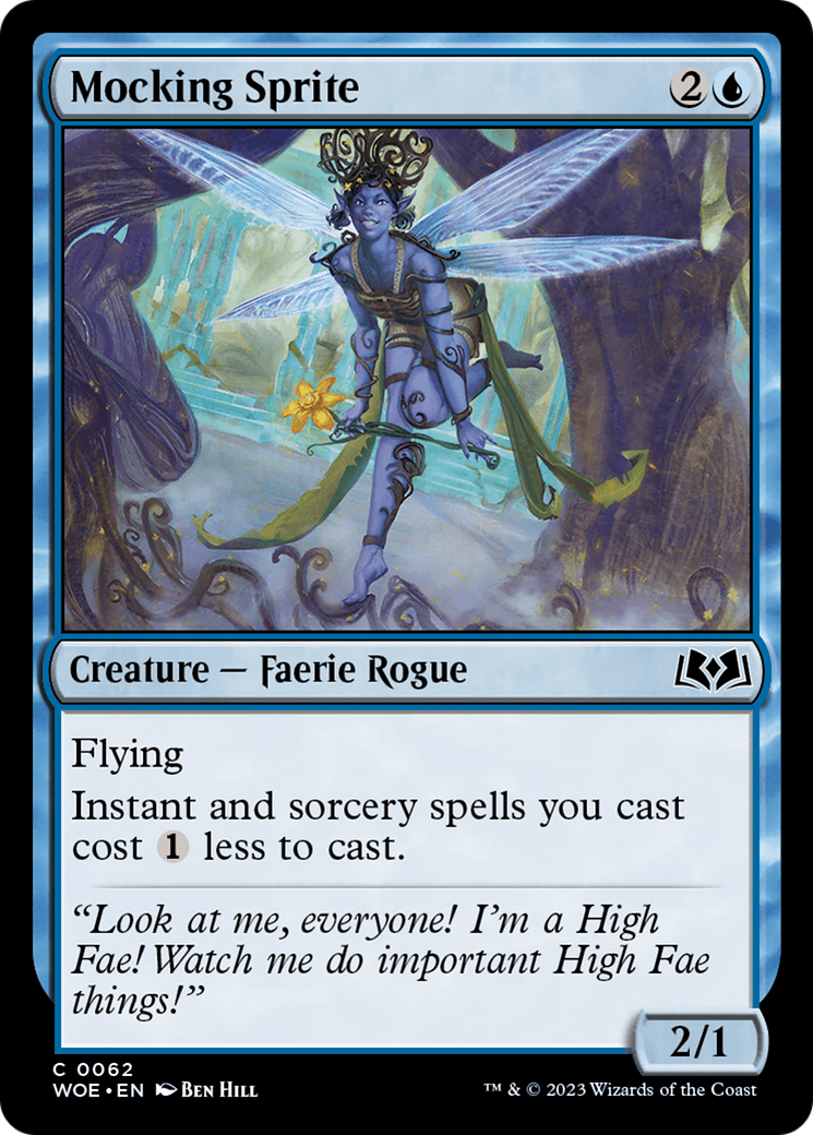 Mocking Sprite - Common Creature — Faerie Rogue card from Wilds of Eldraine