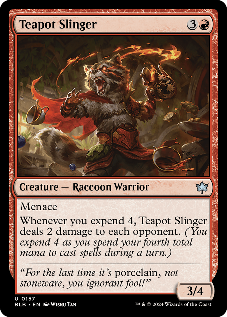 Teapot Slinger - Uncommon Creature — Raccoon Warrior card from Bloomburrow
