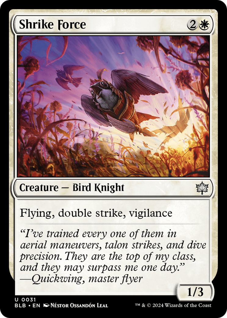Shrike Force - Uncommon Creature — Bird Knight card from Bloomburrow