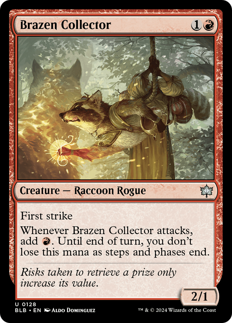 Brazen Collector - Uncommon Creature — Raccoon Rogue card from Bloomburrow