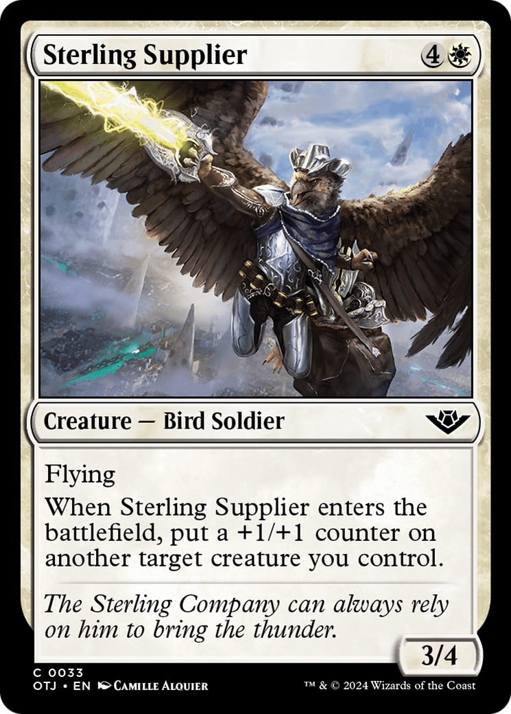 Sterling Supplier - Common Creature — Bird Soldier card from Outlaws of Thunder Junction