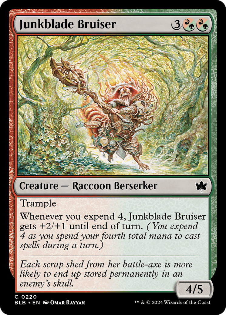 Junkblade Bruiser - Common Creature — Raccoon Berserker card from Bloomburrow