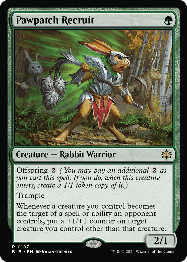 Pawpatch Recruit - Rare Creature — Rabbit Warrior card from Bloomburrow