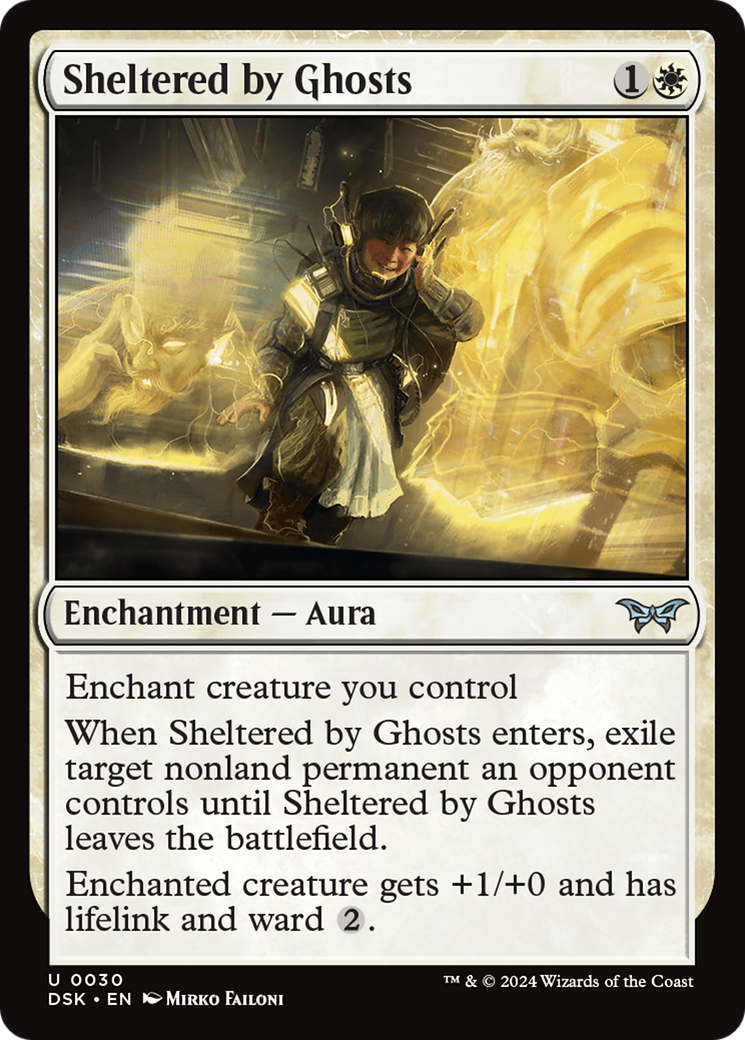 Sheltered by Ghosts - Uncommon Enchantment — Aura card from Duskmourn: House of Horror