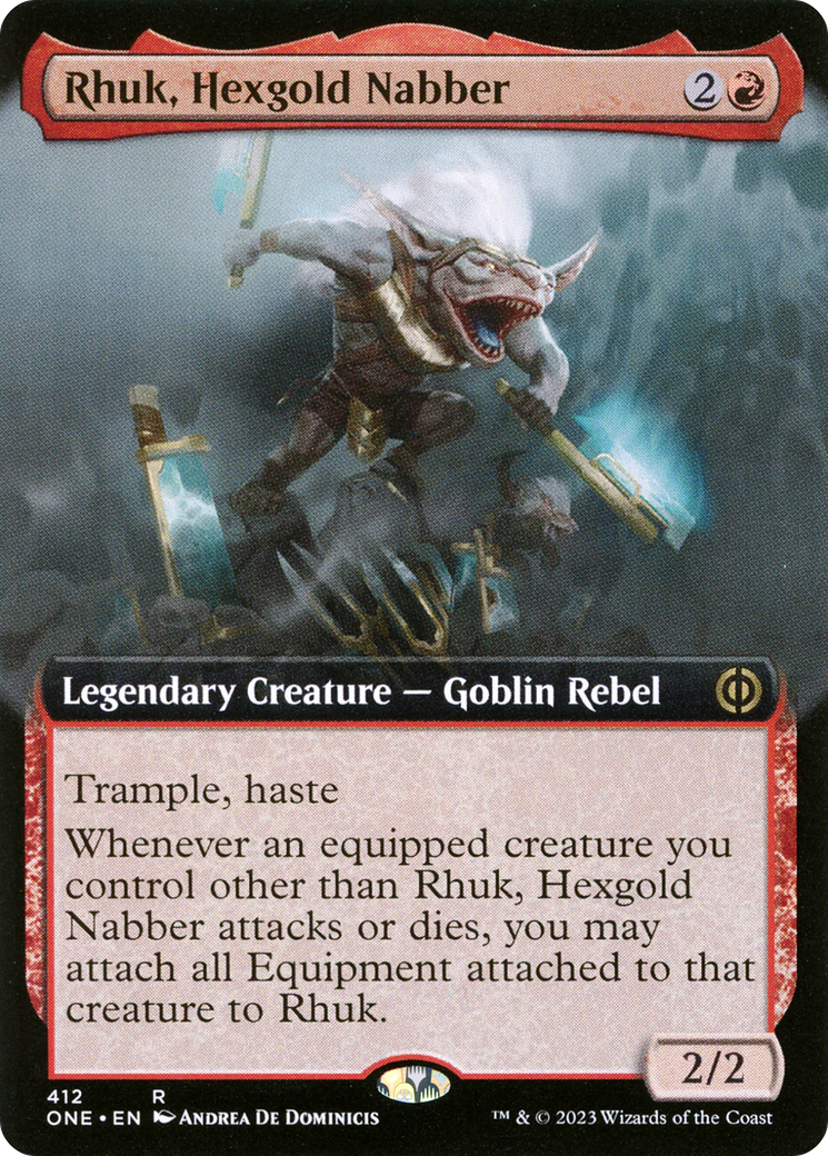 Rhuk, Hexgold Nabber - Rare Legendary Creature — Goblin Rebel card from Phyrexia: All Will Be One