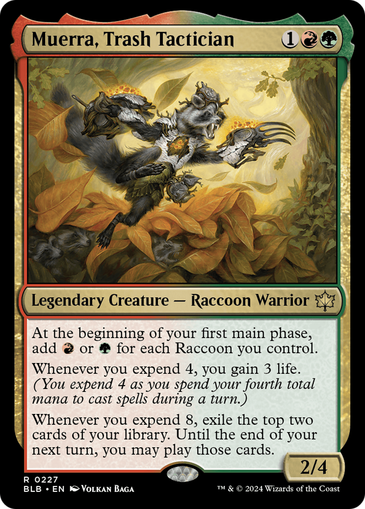 Muerra, Trash Tactician - Rare Legendary Creature — Raccoon Warrior card from Bloomburrow