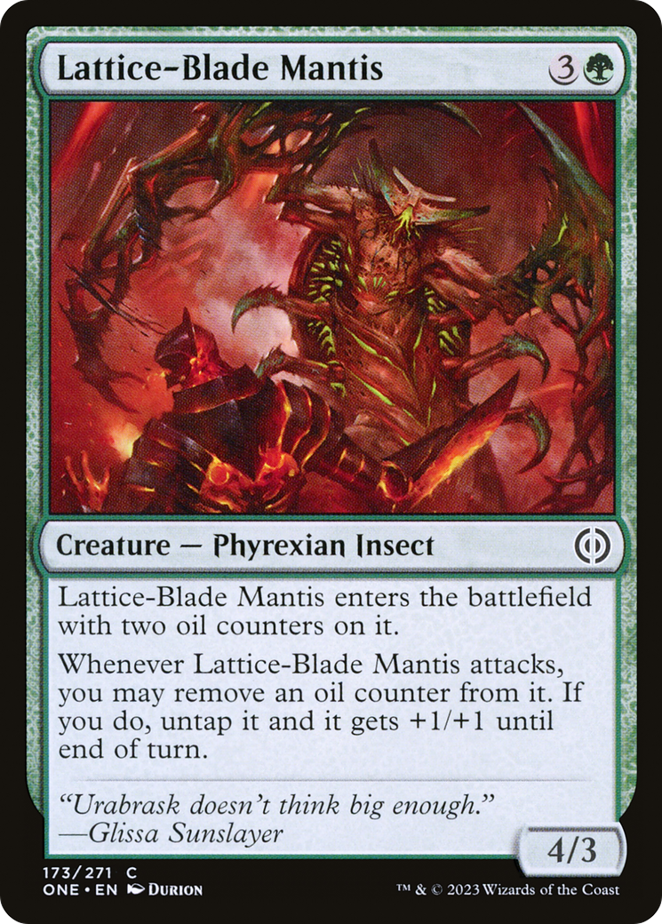 Lattice-Blade Mantis - Common Creature — Phyrexian Insect card from Phyrexia: All Will Be One