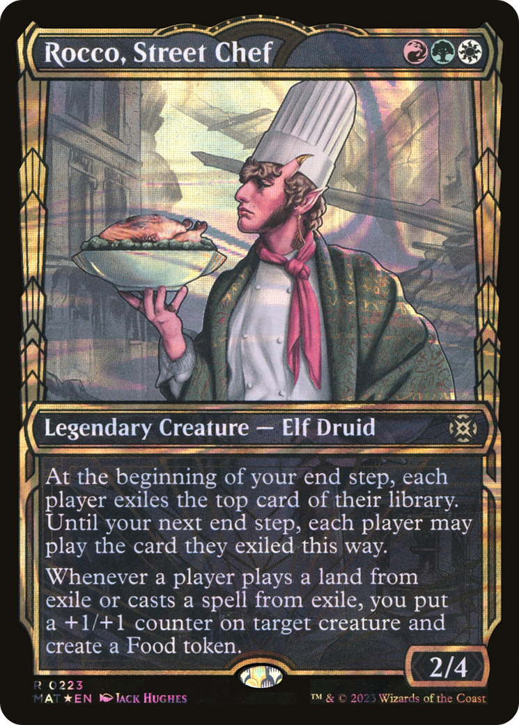 Rocco, Street Chef - Rare Legendary Creature — Elf Druid card from March of the Machine: The Aftermath